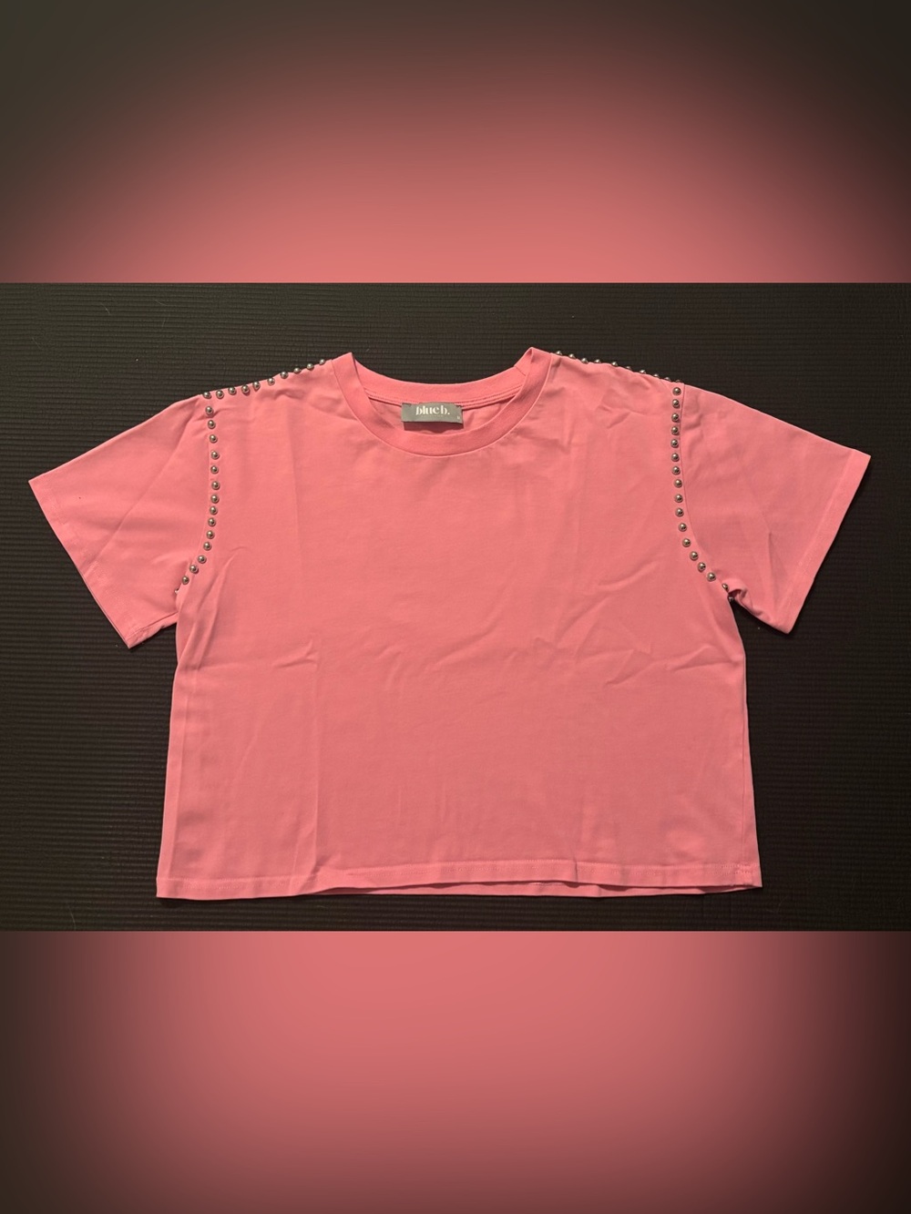 blue b Short sleeves, ruffles, studded detail,pink, cropped top